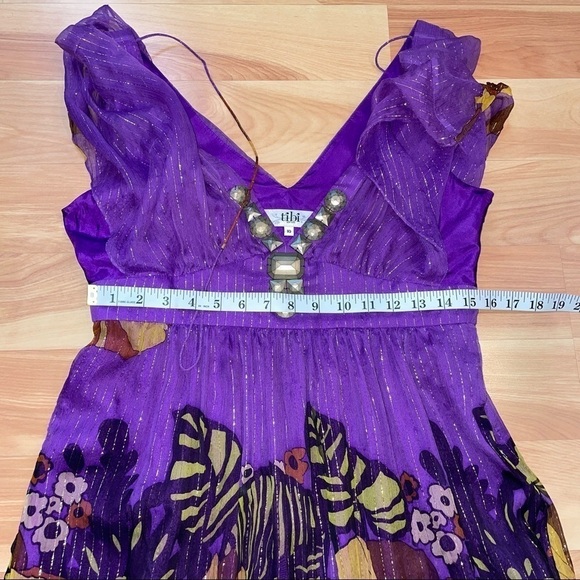 TIBI $495 Silk Dress Sz 10 Purple Floral Beads 100% Silk Metallic Empire Waist - Picture 13 of 14